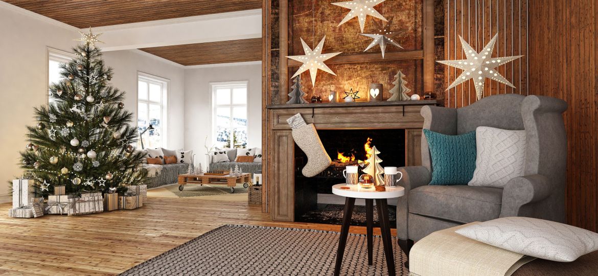 New year tree in scandinavian style interior with christmas deco